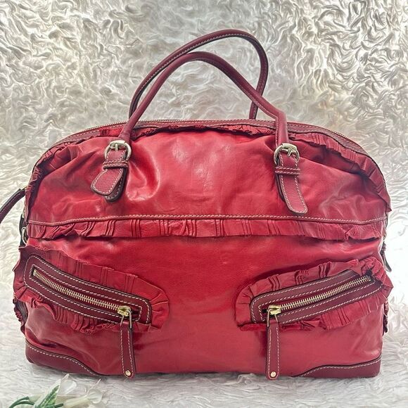 GUCCI‎ Red Leather Vintage Sabrina Top Handle Handbag Tote Ruffle Details - Picture 2 of 12